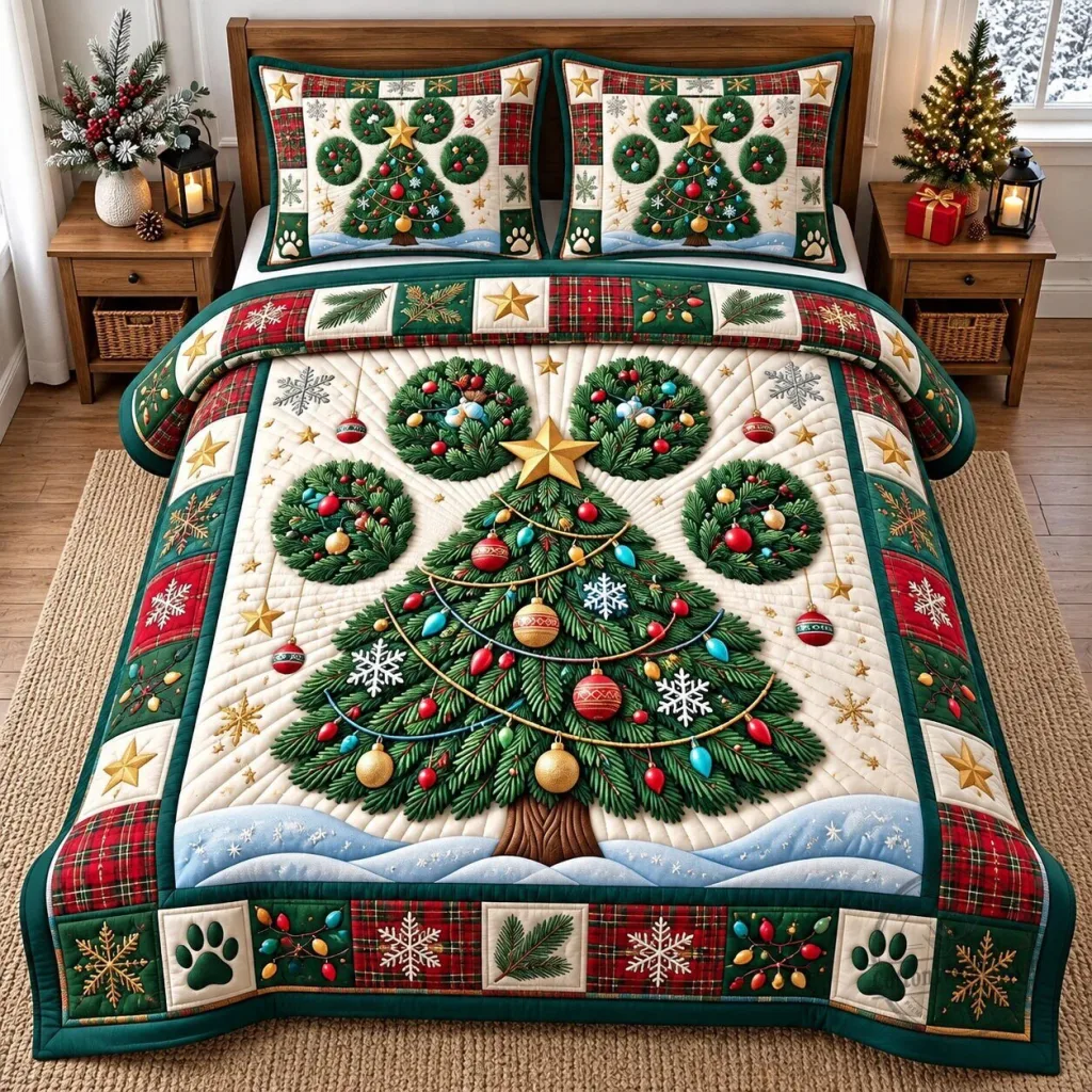 Christmas Tree Holiday Plaid Quilted Bedding Set
