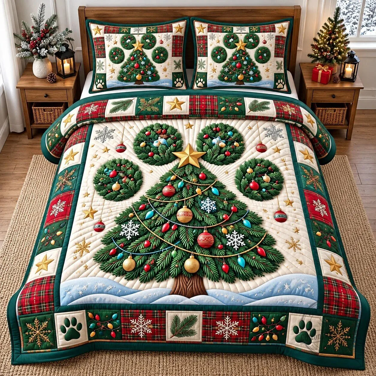 Christmas Tree Holiday Plaid Quilted Bedding Set