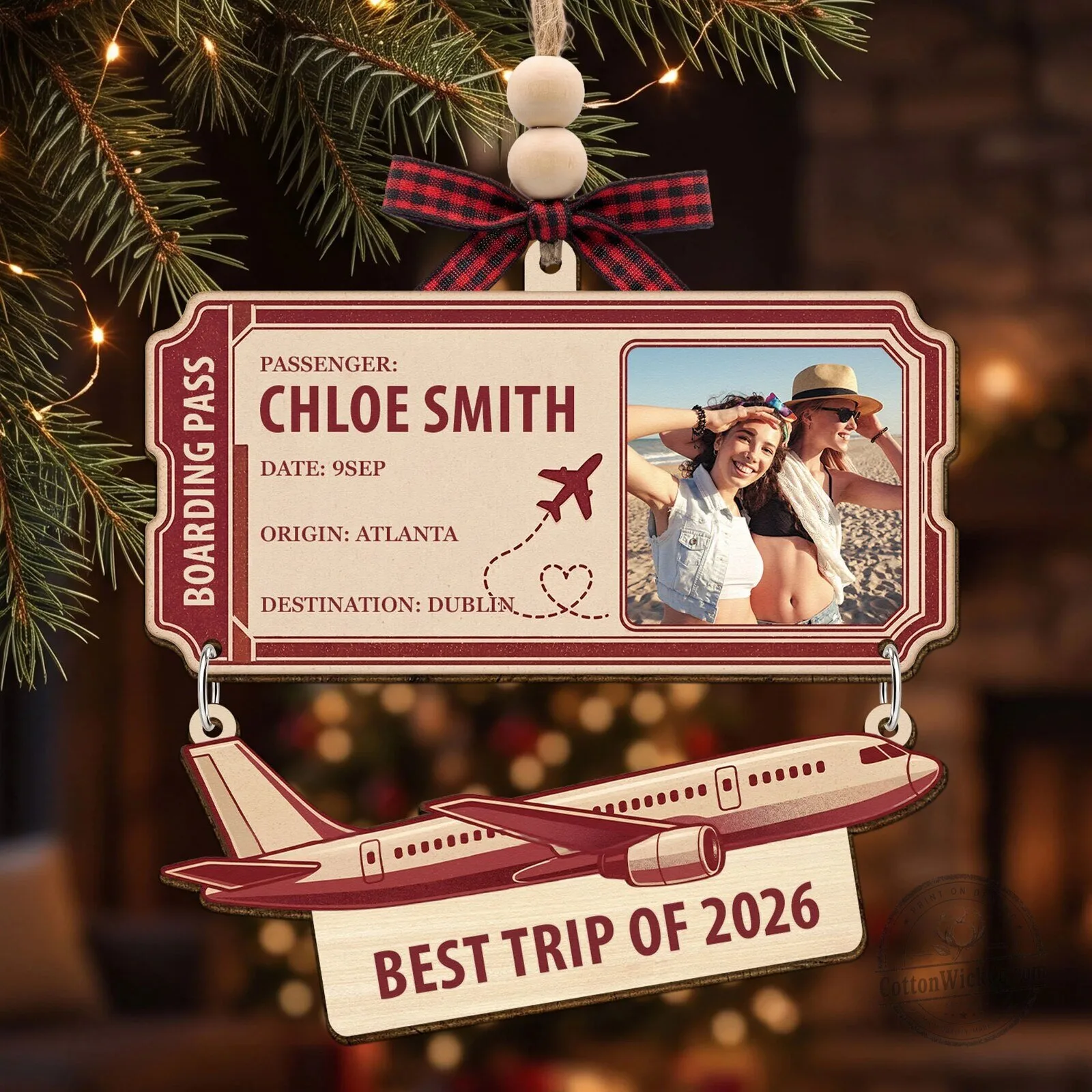 Personalized Airplane Boarding Pass Photo Christmas Ornament