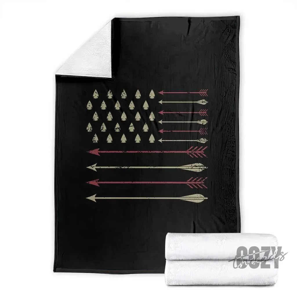 Vintage American Flag Bowhunter Arrowhead Hunting Throw Blanket