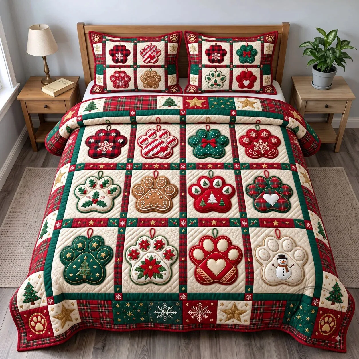 Christmas Paw Print Quilted Bedding Set with Holiday Decorations