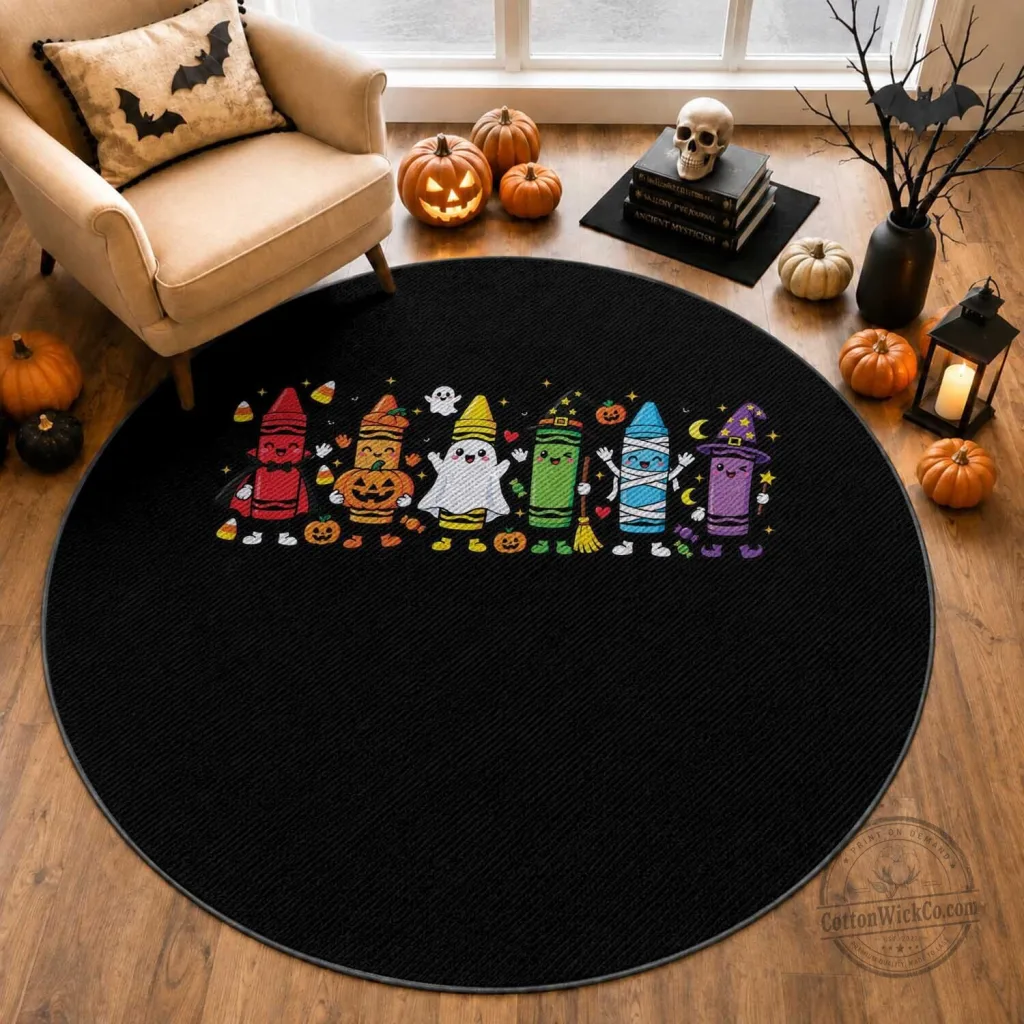 Cute Spooky Crayons in Halloween Costumes Graphic Round Rug for School Vibes Cute Spooky Crayons in Halloween Costumes Graphic Round Rug for School Vibes