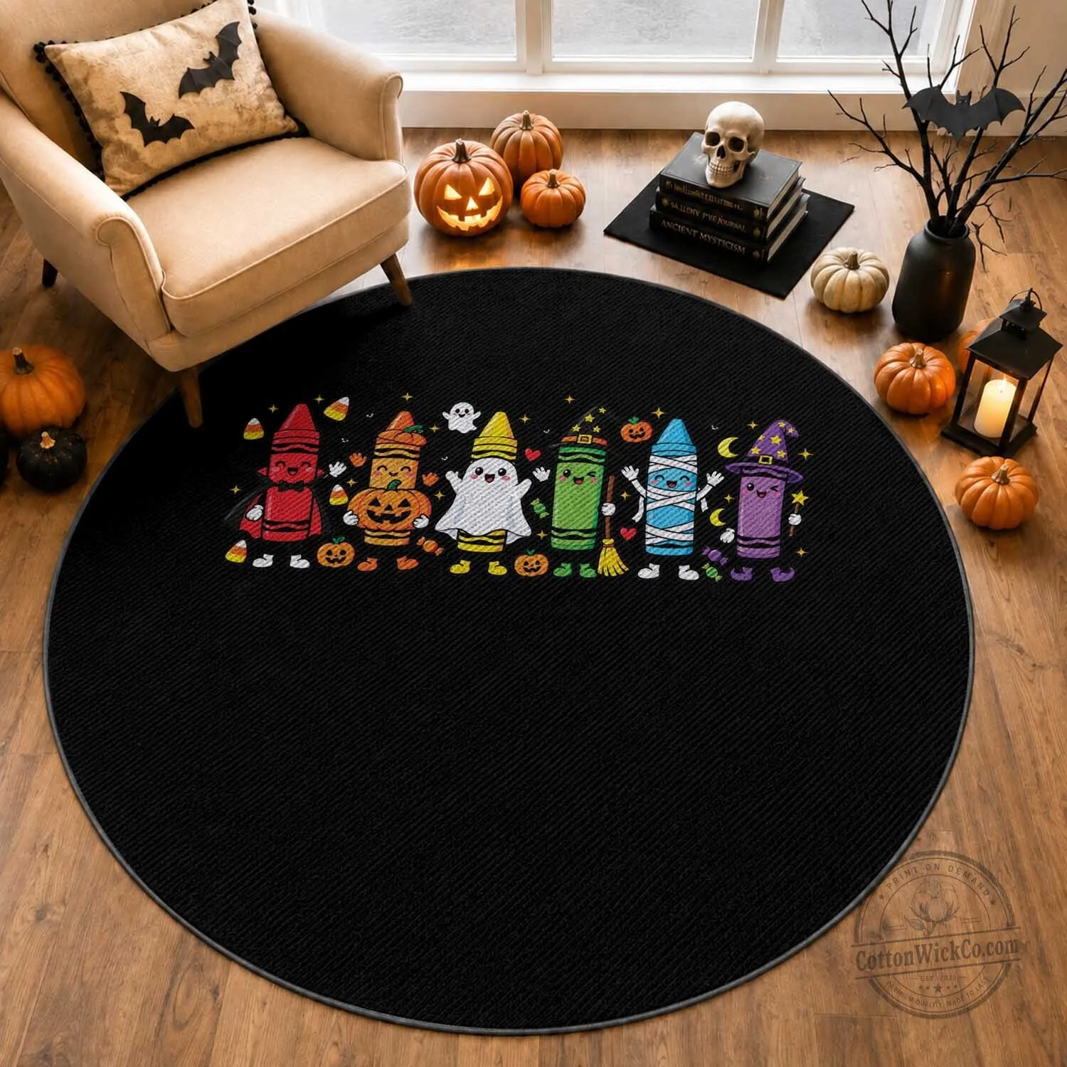 Cute Spooky Crayons in Halloween Costumes Graphic Round Rug for School Vibes
