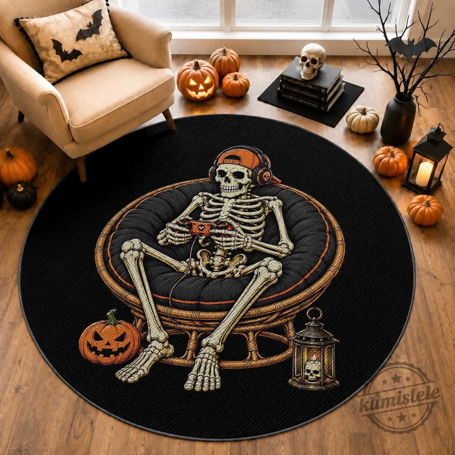 Relaxing Skeleton Gamer Playing Video Game Halloween Round Rug 1 Relaxing Skeleton Gamer Playing Video Game Halloween Round Rug