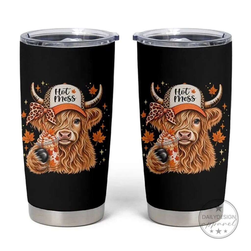 Hot Mess Fall Leopard Highland Cow Drinking Coffee Autumn Farm Animal Tumbler