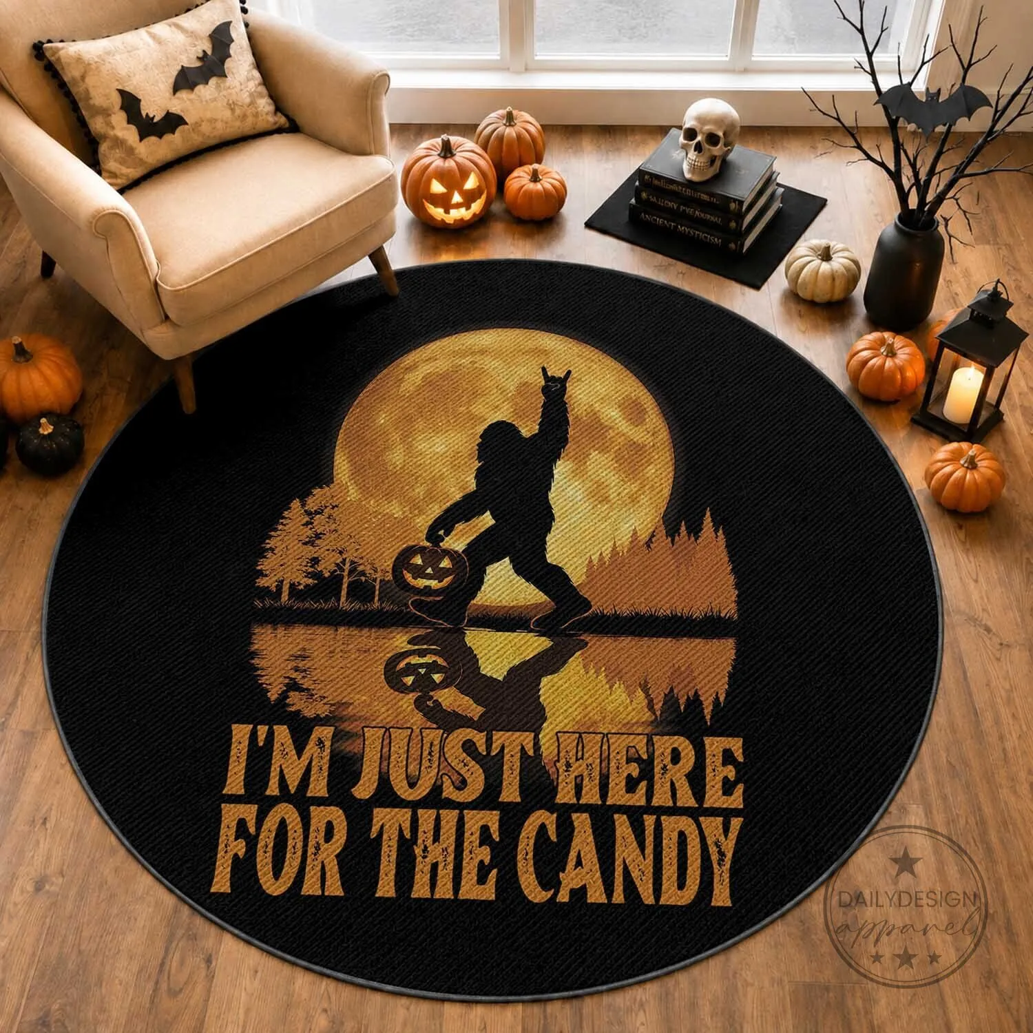 Bigfoot Halloween Round Rug I'm Just Here For The Candy Funny Cryptid Gift