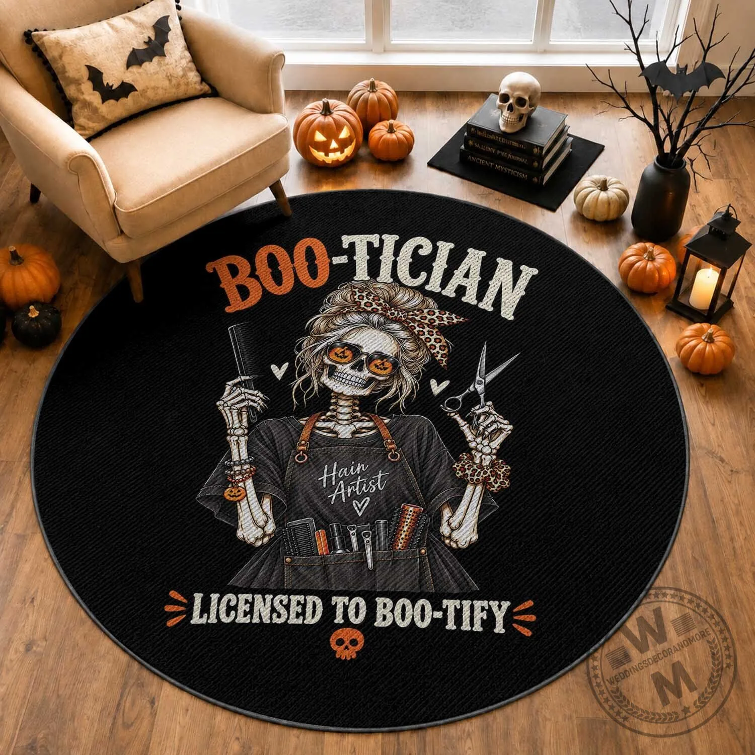 Halloween Hair Artist Skeleton Messy Bun Boo-Tician Licensed To Boo-Tify Round Rug