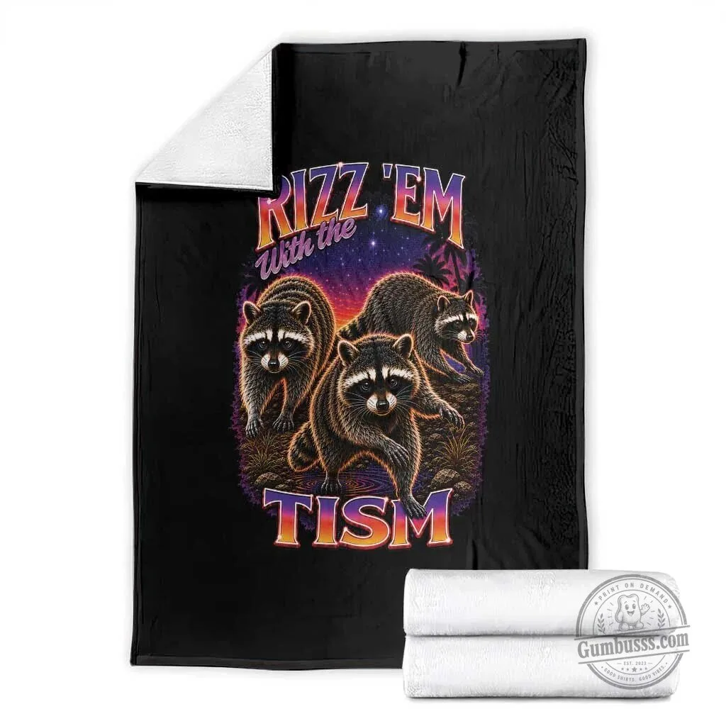 Rizz Em With The Tism Funny Raccoon Graphic Throw Blanket Retro 80s Cyberpunk Autism Humor 1 Rizz Em With The Tism Funny Raccoon Graphic Throw Blanket Retro 80s Cyberpunk Autism Humor