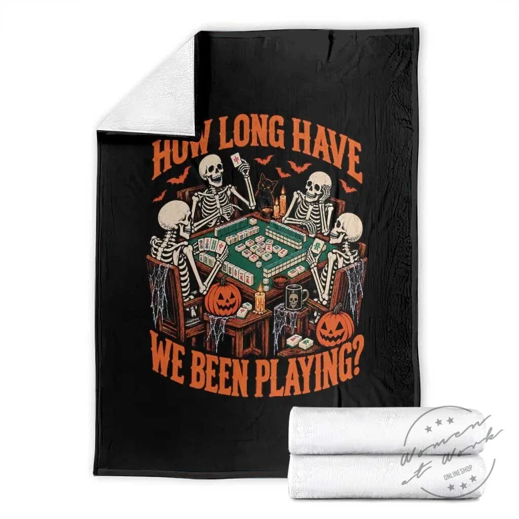 Funny Halloween Skeleton Playing Mahjong Game Throw Blanket
