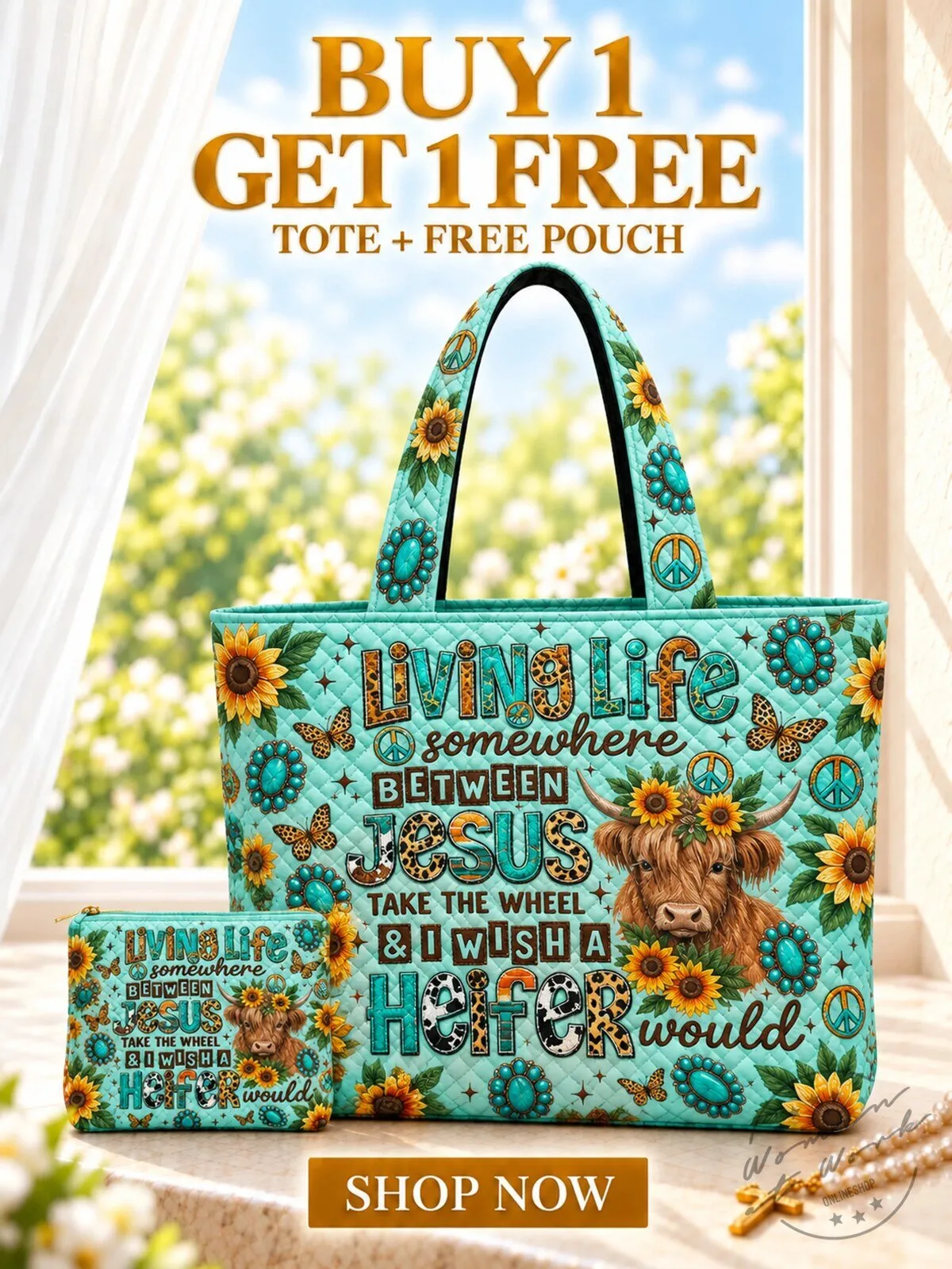 Living Life Somewhere Between Jesus and a Heifer Cow Sunflowers Quilted Tote Bag