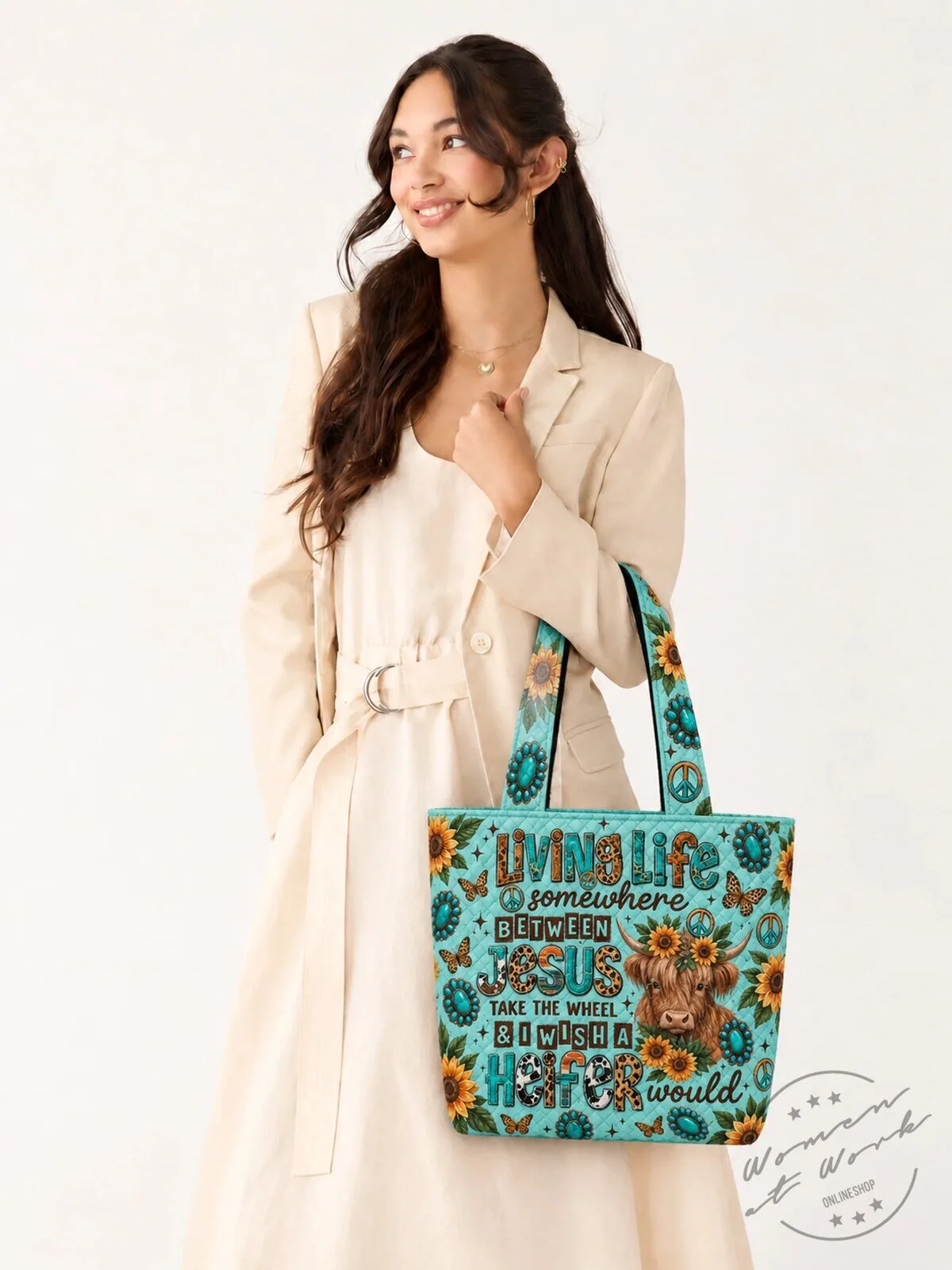 Living Life Somewhere Between Jesus and a Heifer Cow Sunflowers Quilted Tote Bag 9 Living Life Somewhere Between Jesus and a Heifer Cow Sunflowers Quilted Tote Bag