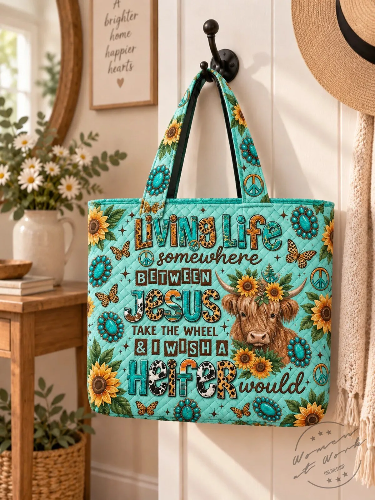 Living Life Somewhere Between Jesus and a Heifer Cow Sunflowers Quilted Tote Bag 10 Living Life Somewhere Between Jesus and a Heifer Cow Sunflowers Quilted Tote Bag