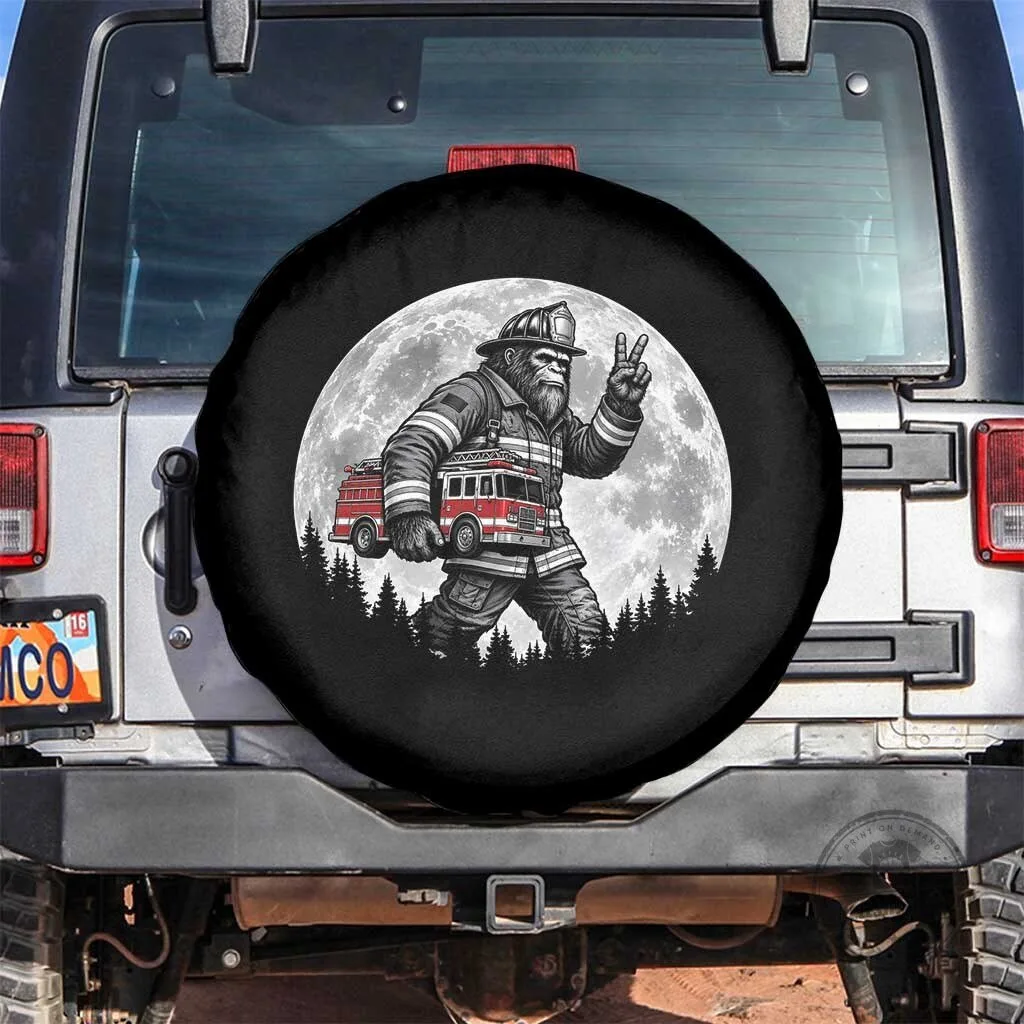 Bigfoot Firefighter Fire Truck Moon Sasquatch Spare Tire Cover