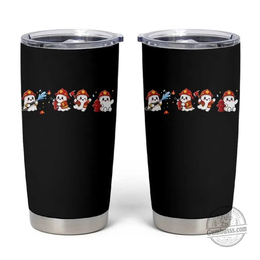 Cute Ghost Firefighter Halloween Tumbler Cup Spooky Fireman Season Gift