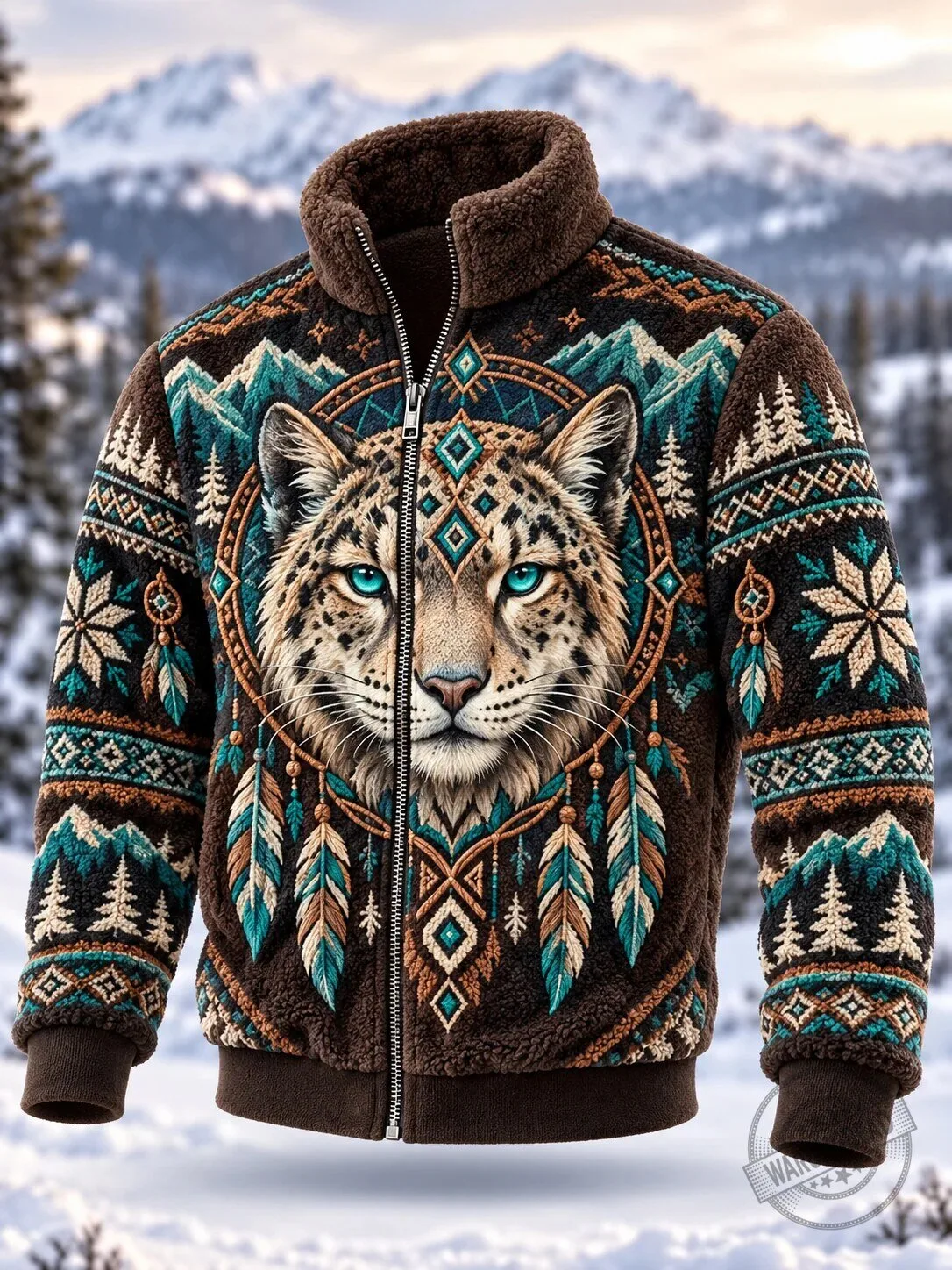 Snow Leopard Dreamcatcher Native American Pattern Winter Sherpa Jacket
