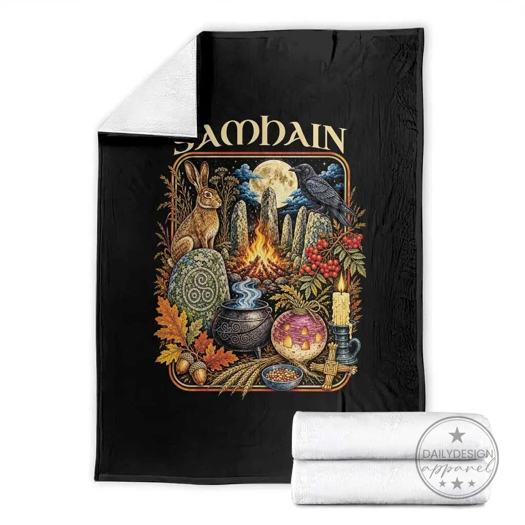 Samhain Ancient Pagan Ritual Sacred Fire Turnip Lantern Spooky Graphic Throw Blanket