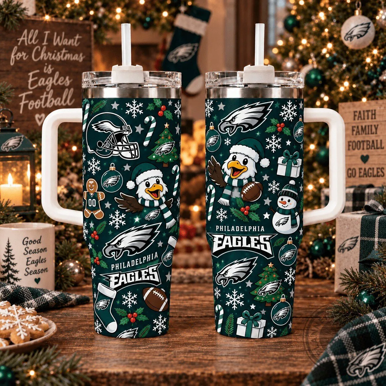 Philadelphia Eagles Christmas Holiday Football 40 Ounce Stainless Steel Tumbler
