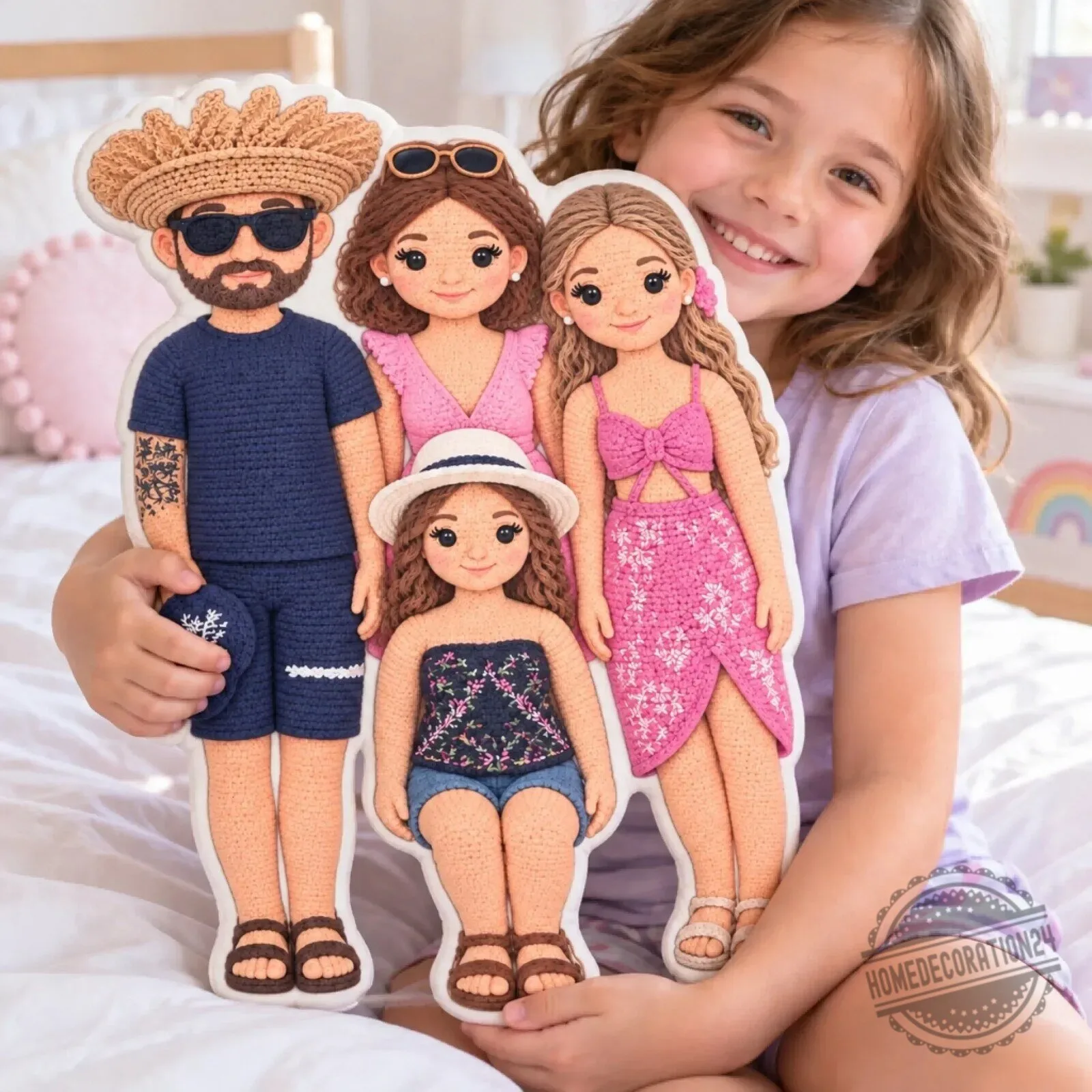 Personalized Crochet Family Portrait Pillow, Custom Character Shaped Cushion Gift