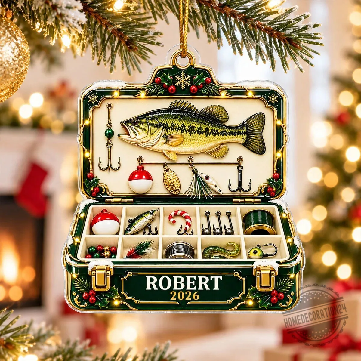 Personalized Fishing Tackle Box Bass Fish Christmas Tree Holiday Ornament