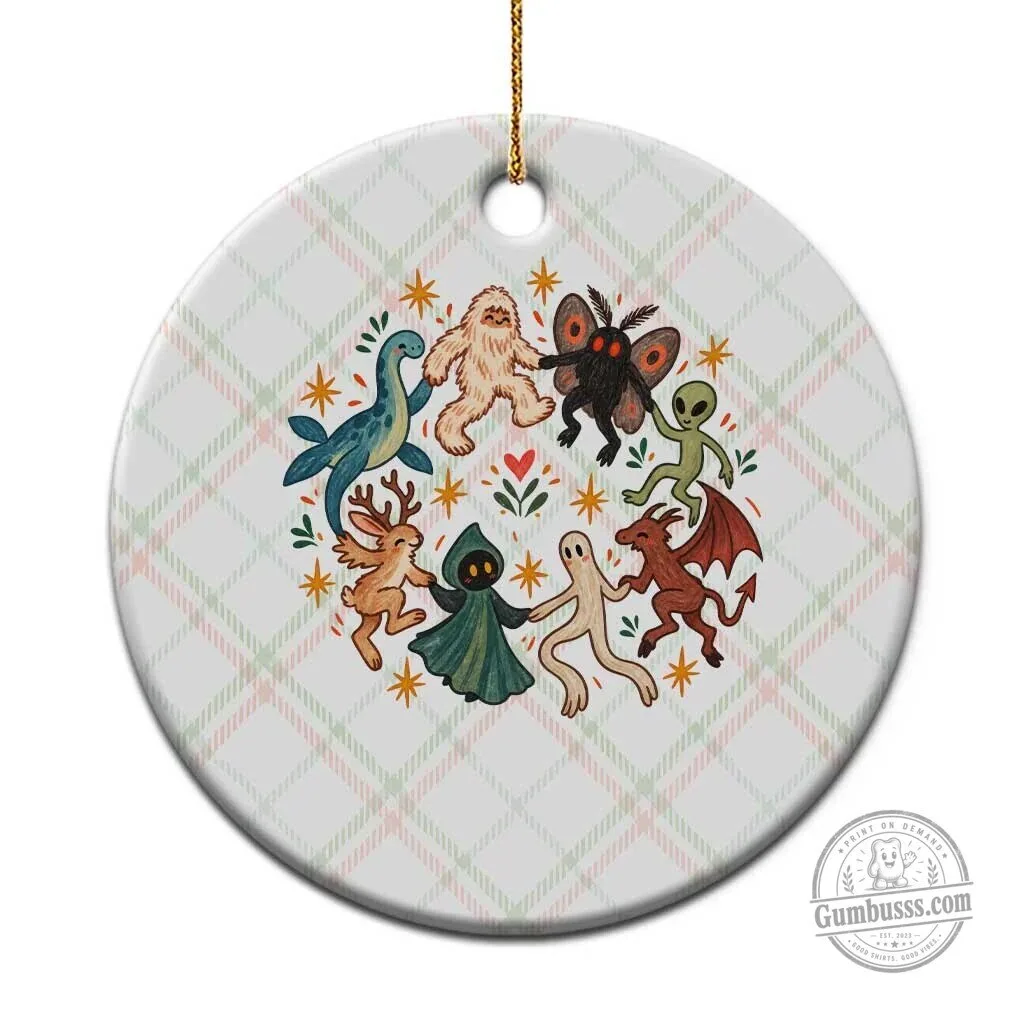Dancing Cryptids Bigfoot Mothman Alien Vintage Weirdcore Halloween Round Ornament 1 Dancing Cryptids Bigfoot Mothman Alien Vintage Weirdcore Halloween Round Ornament