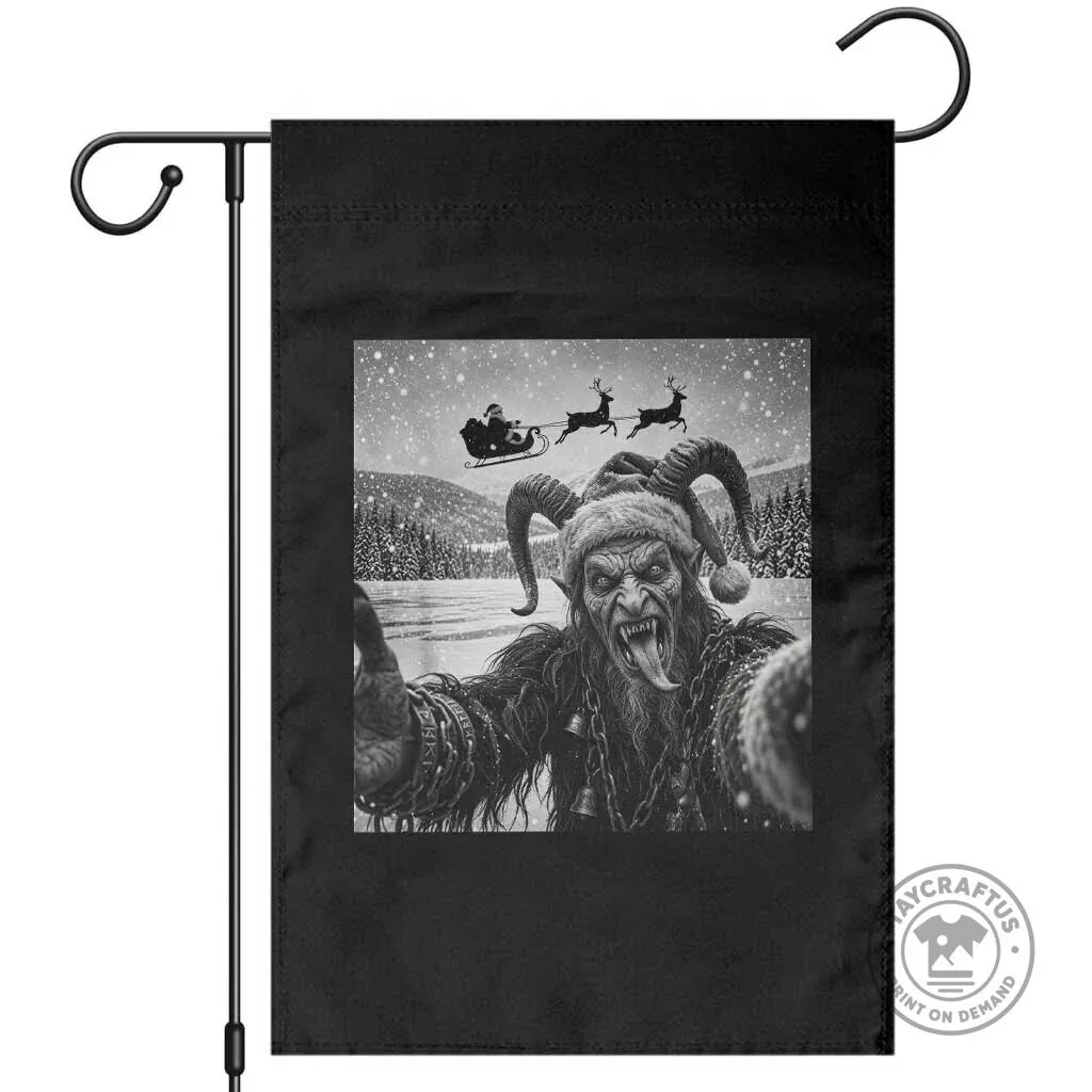 Funny Krampus Photobombing Santa Claus Sleigh Ride Gothic Christmas Garden Flag