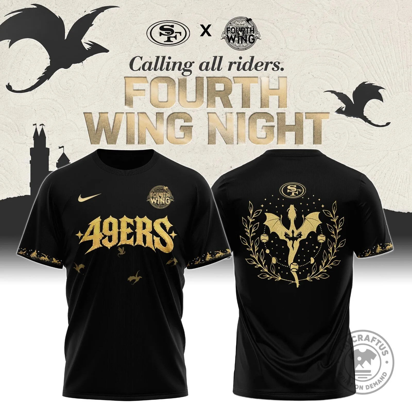San Francisco 49ers Fourth Wing Night Gold Dragon T-Shirt 1 San Francisco 49ers Fourth Wing Night Gold Dragon T-Shirt