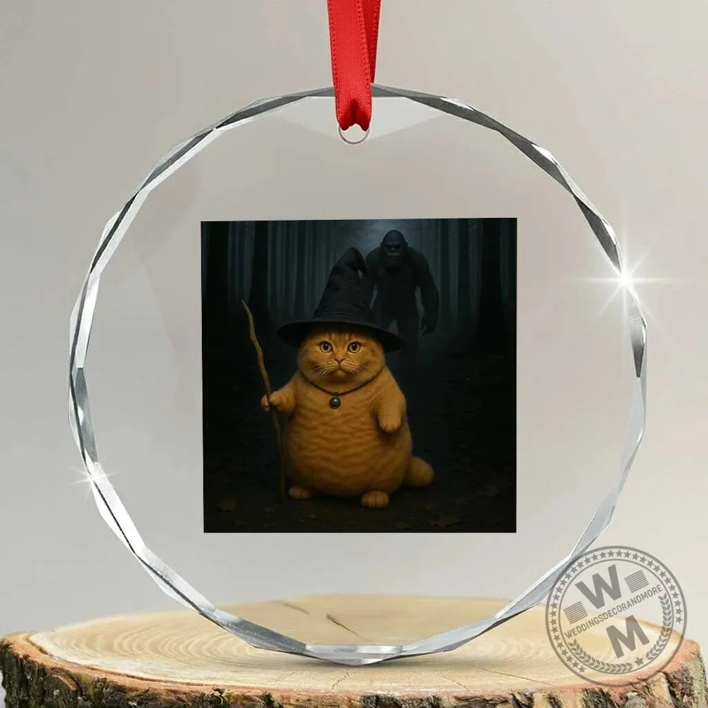 Funny Halloween Witch Cat Selfie With Bigfoot Sasquatch Round Crystal Glass Ornament 1 Funny Halloween Witch Cat Selfie With Bigfoot Sasquatch Round Crystal Glass Ornament