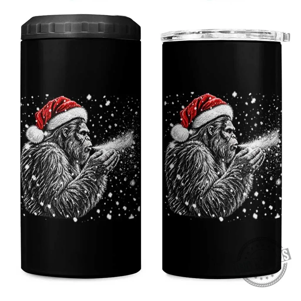 Christmas Bigfoot Blowing Snow Can Cooler Tumbler with Santa Hat Design