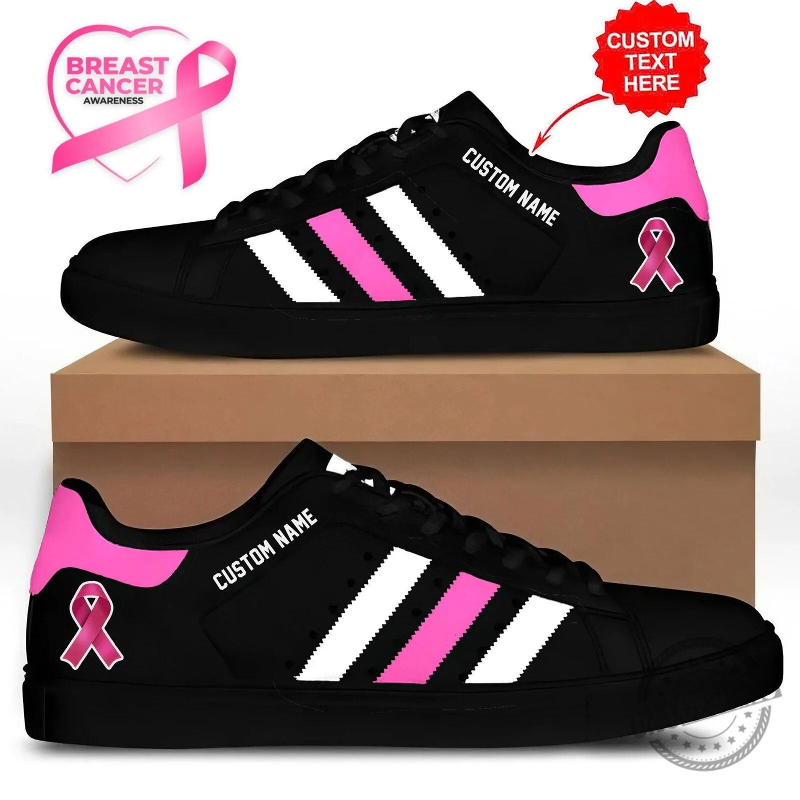 Breast Cancer Awareness Custom Name Pink Ribbon Black Sneakers Shoes