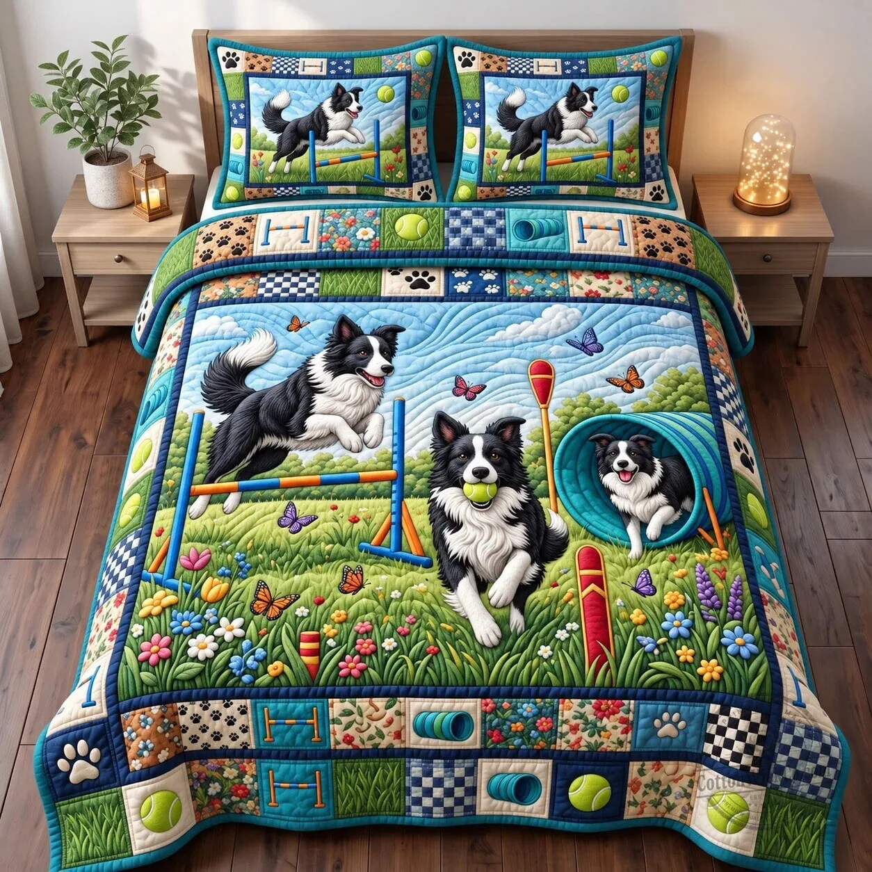 Border Collie Dog Agility Course Quilted Bedding Set with Pillow Shams