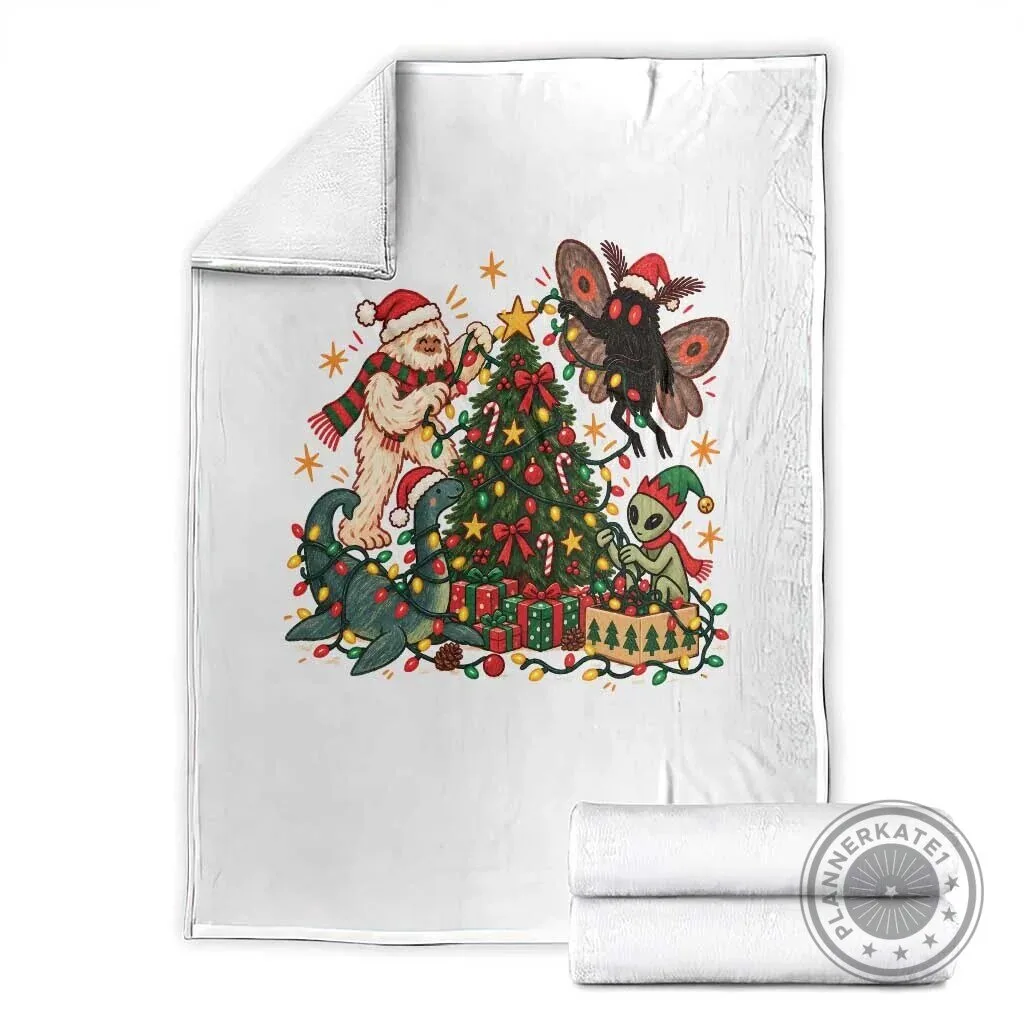 Cryptid Decorating Christmas Tree Holiday Folk Art Bigfoot Mothman Nessie Alien Blanket