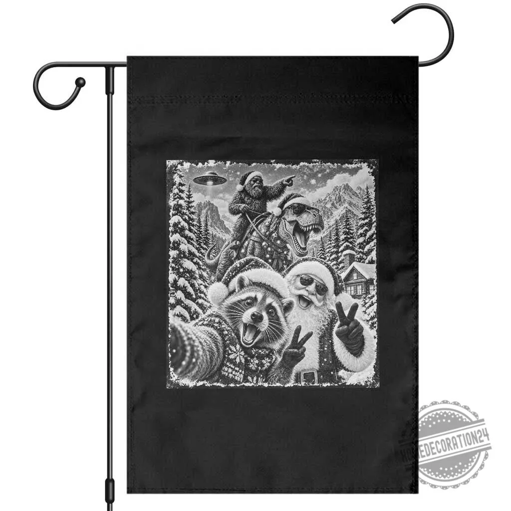 Funny Christmas Raccoon Santa Bigfoot Dinosaur UFO Selfie Winter Holiday Garden Flag