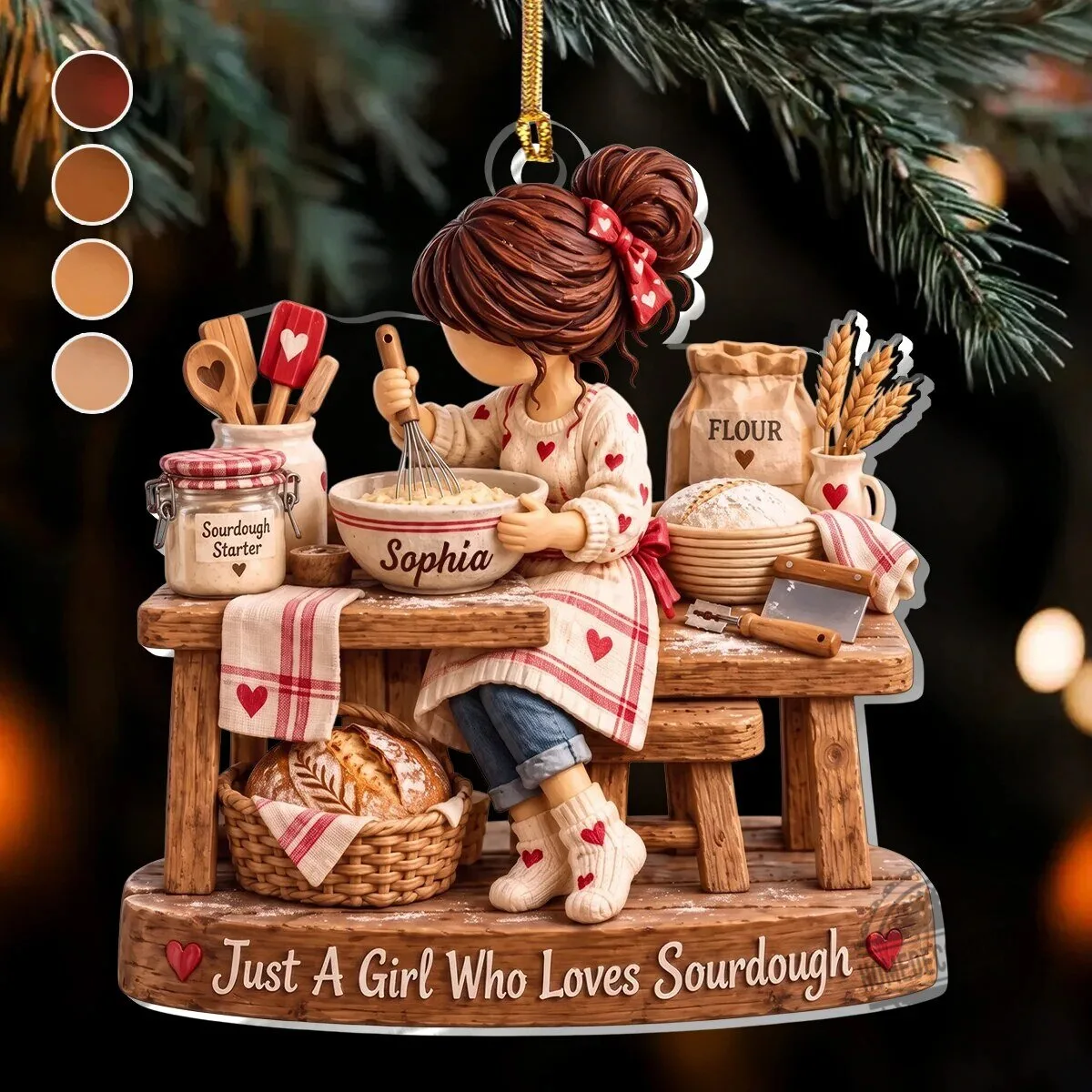 Christmas Tree Ornament of a Baker Girl with Personalized Sourdough Design