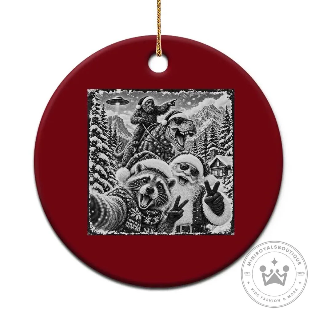 Funny Christmas Raccoon Santa Bigfoot Dinosaur UFO Selfie Ceramic Ornament