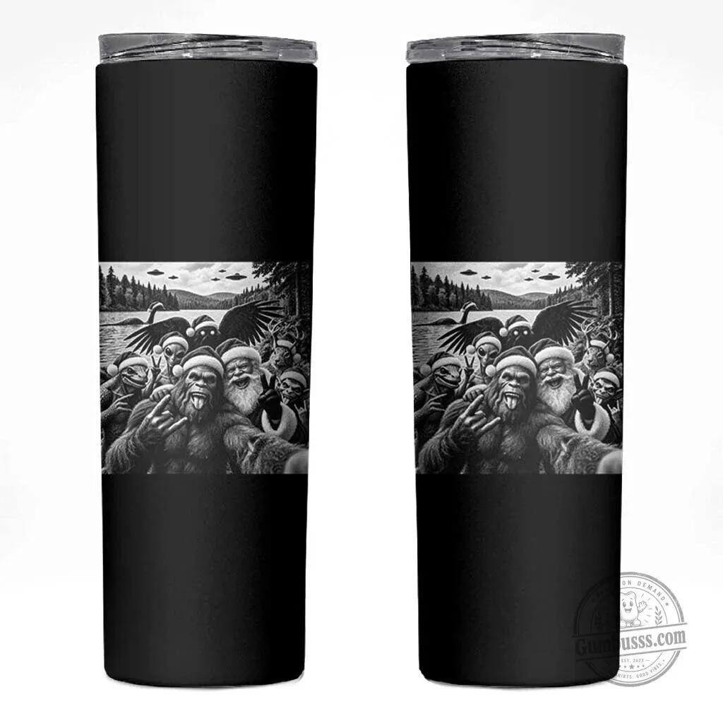 Christmas Cryptid Selfie Skinny Tumbler - Bigfoot, Santa, Alien, Mothman, Nessie Holiday