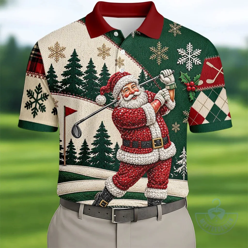 Men's Christmas Polo Shirt Featuring a Humorous Santa Claus Golfing Design Men's Christmas Polo Shirt Featuring a Humorous Santa Claus Golfing Design