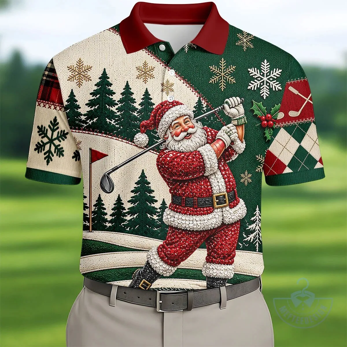 Men's Christmas Polo Shirt Featuring a Humorous Santa Claus Golfing Design