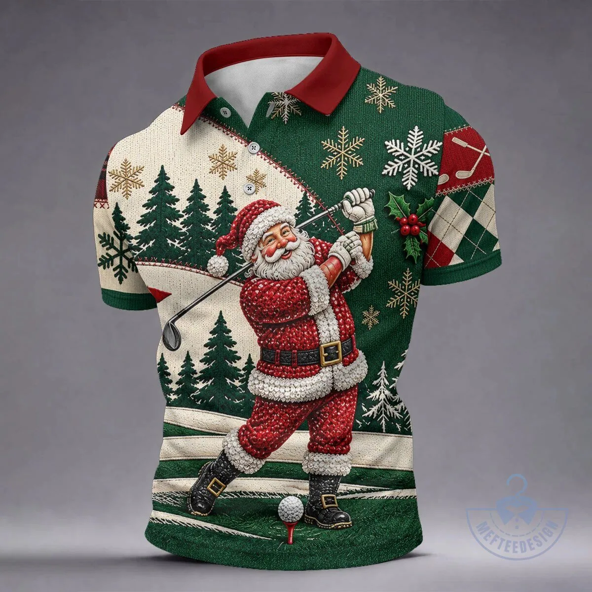 Men's Christmas Polo Shirt Featuring a Humorous Santa Claus Golfing Design 13 Men