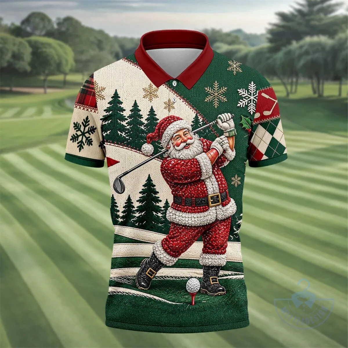 Men's Christmas Polo Shirt Featuring a Humorous Santa Claus Golfing Design 14 Men