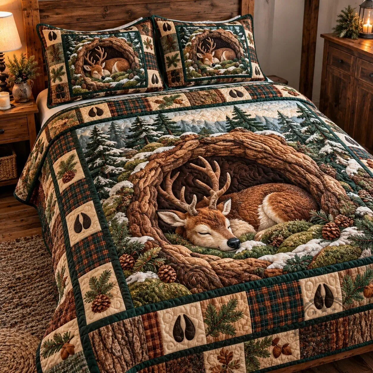 Winter Deer Sanctuary Forest Quilted Bedding Set with Pillow Shams