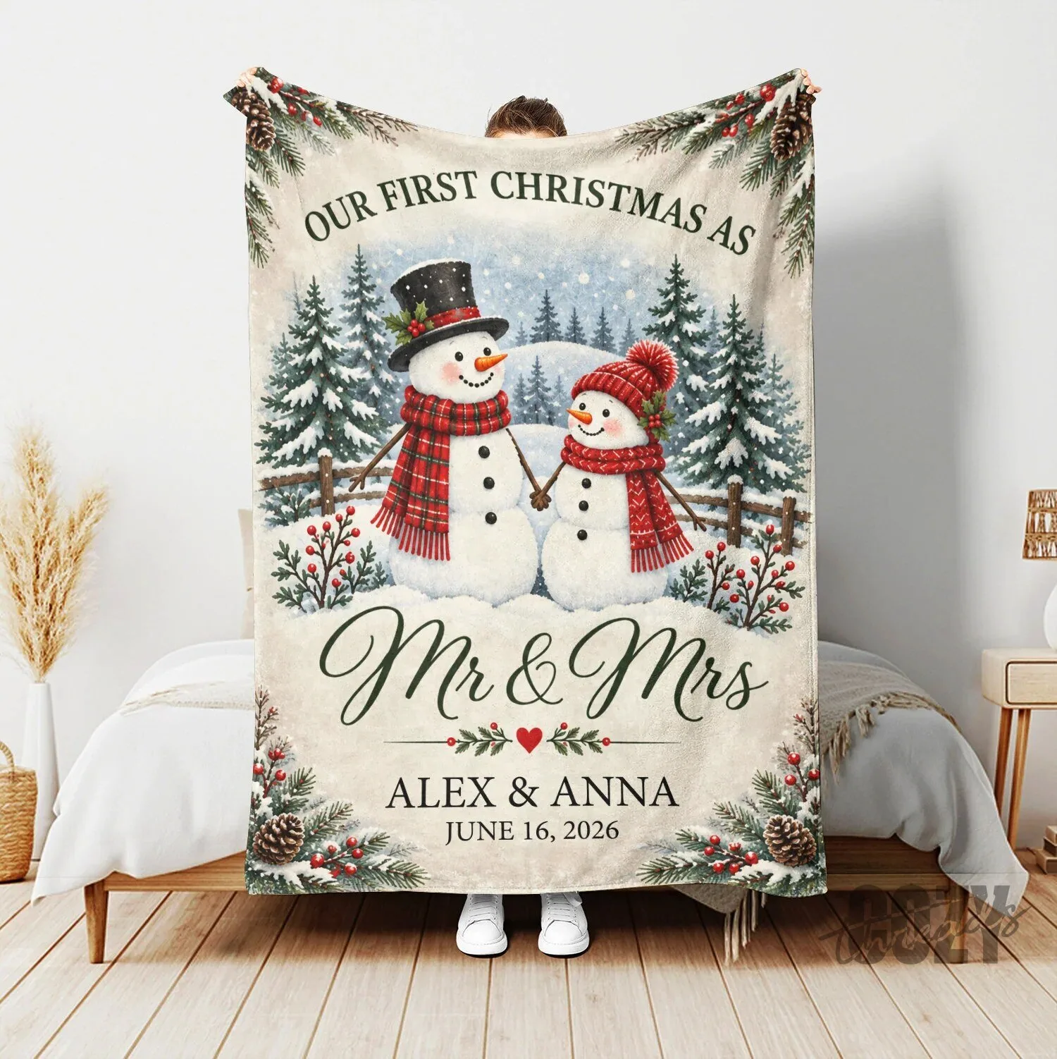 Our First Christmas As Mr & Mrs Personalized Snowman Couple Blanket