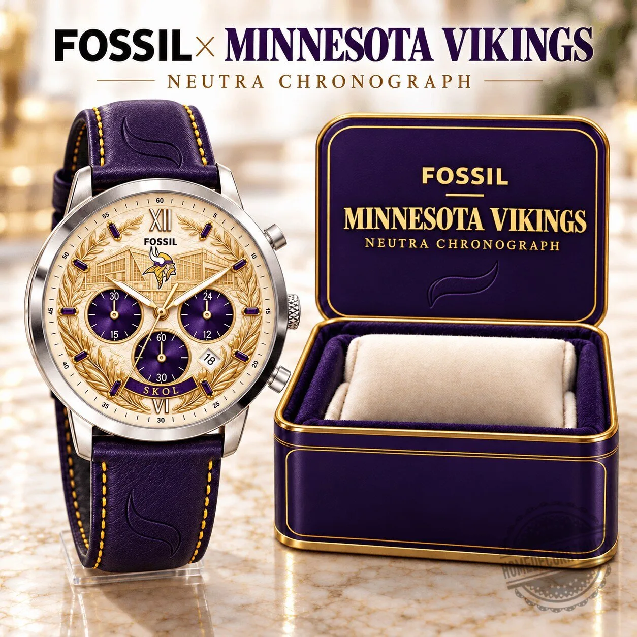Minnesota Vikings Fossil Neutra Chronograph Watch with Leather Strap