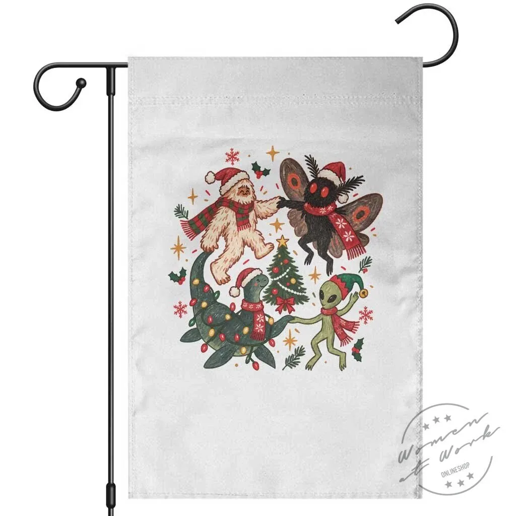 Christmas Cryptid Dancing Bigfoot Mothman Nessie Alien Holiday Garden Flag