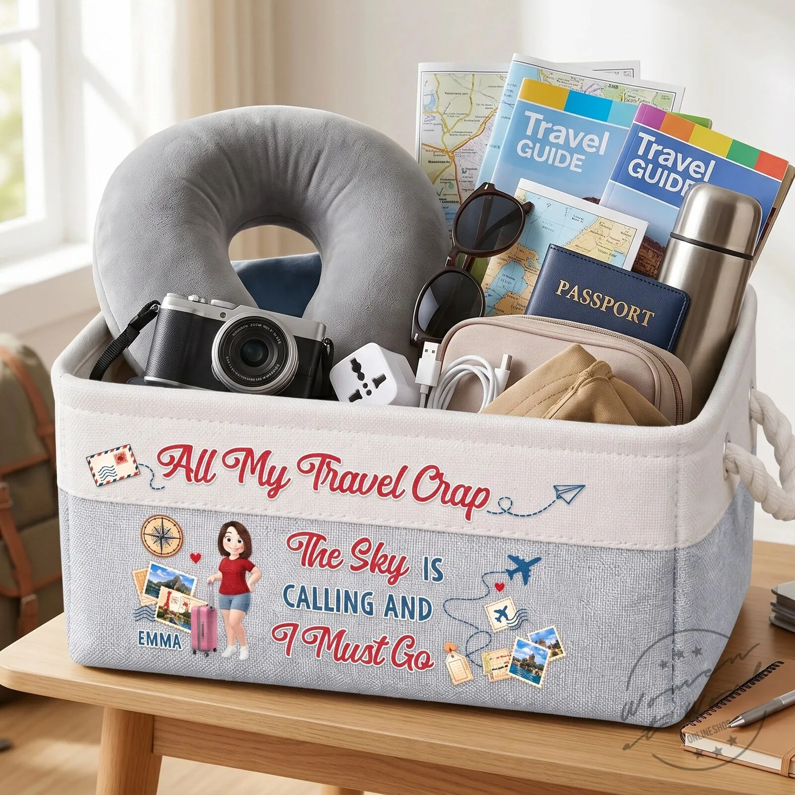 Personalized All My Travel Crap The Sky Is Calling And I Must Go Storage Basket