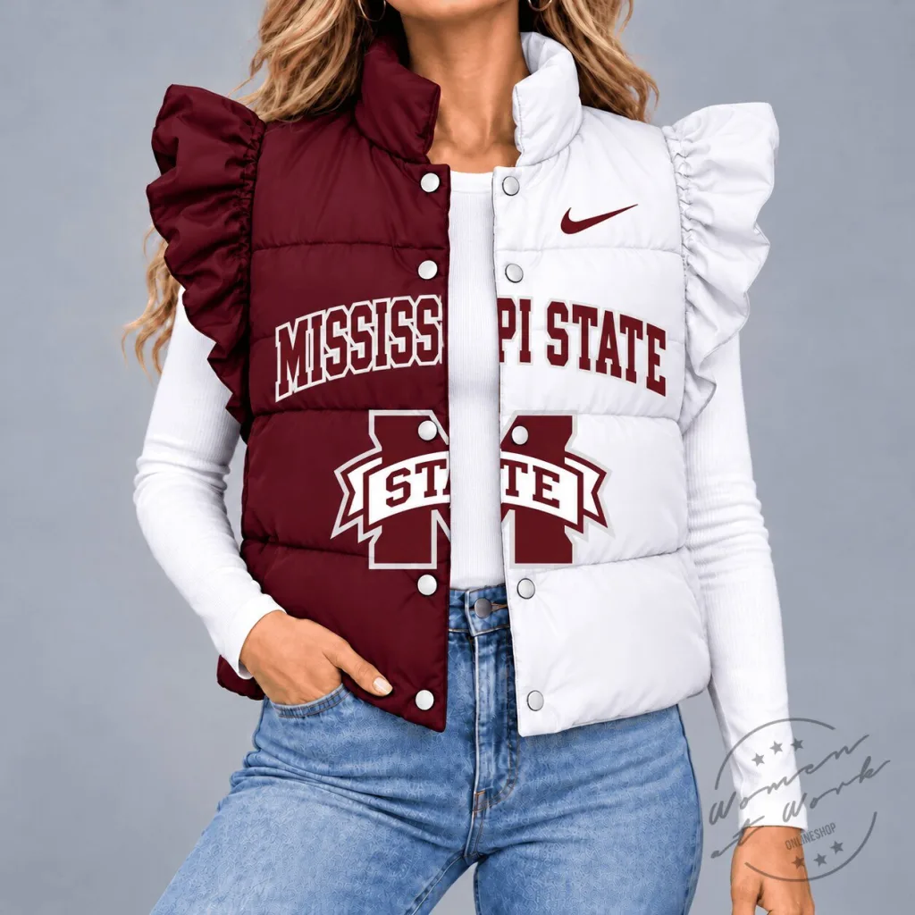 Mississippi State Bulldogs NCAA Split Color Ruffled Quilted Puffer Vest Mississippi State Bulldogs NCAA Split Color Ruffled Quilted Puffer Vest