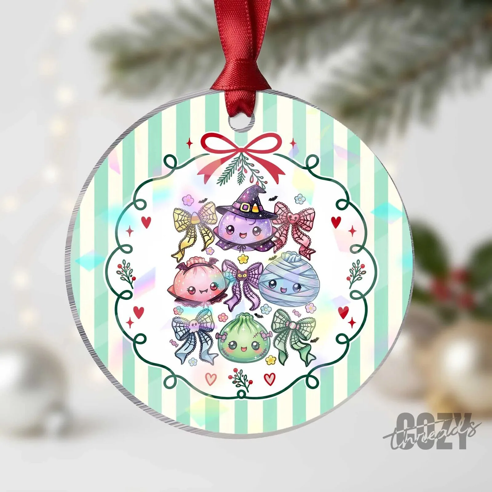 Cute Halloween Dumplings and Coquette Bows Holiday Christmas Tree Ornament
