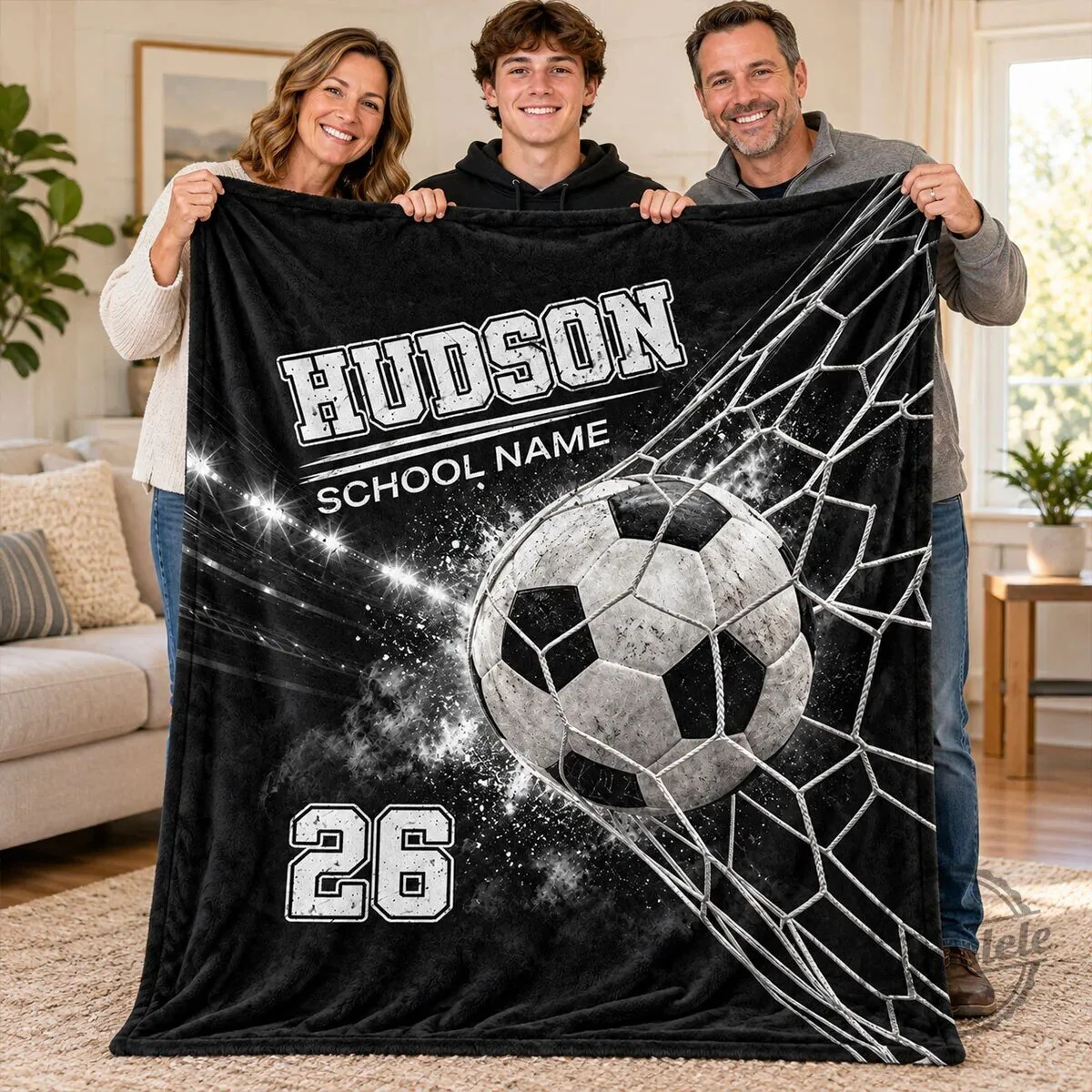 Personalized Soccer Ball in Goal Net Custom Name and Number Fleece Blanket