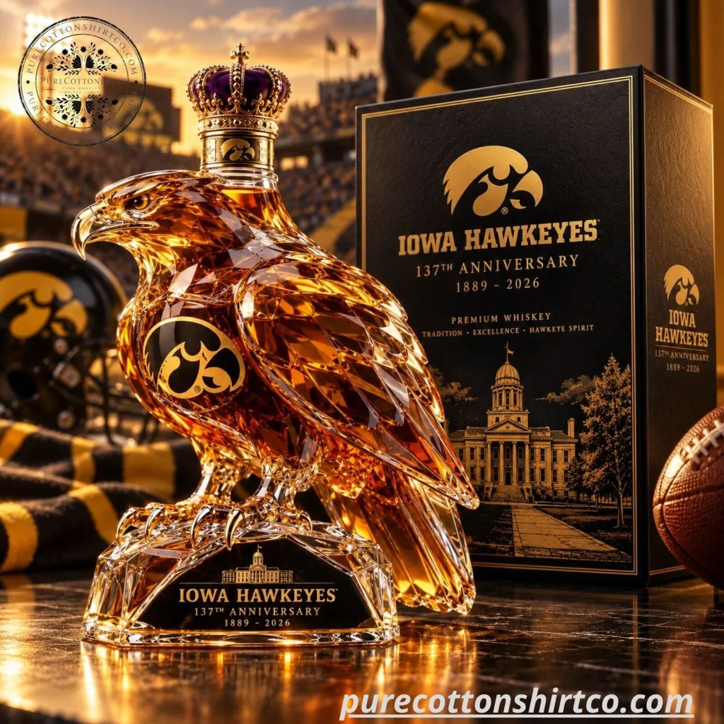 "Unique Sports Team Mascot Crystal Decanters: Celebrate in Style 2026" 42 Iowa Hawkeyes Hawk Shaped Crystal Glass Whiskey Decanter - 1889-2026 Anniversary