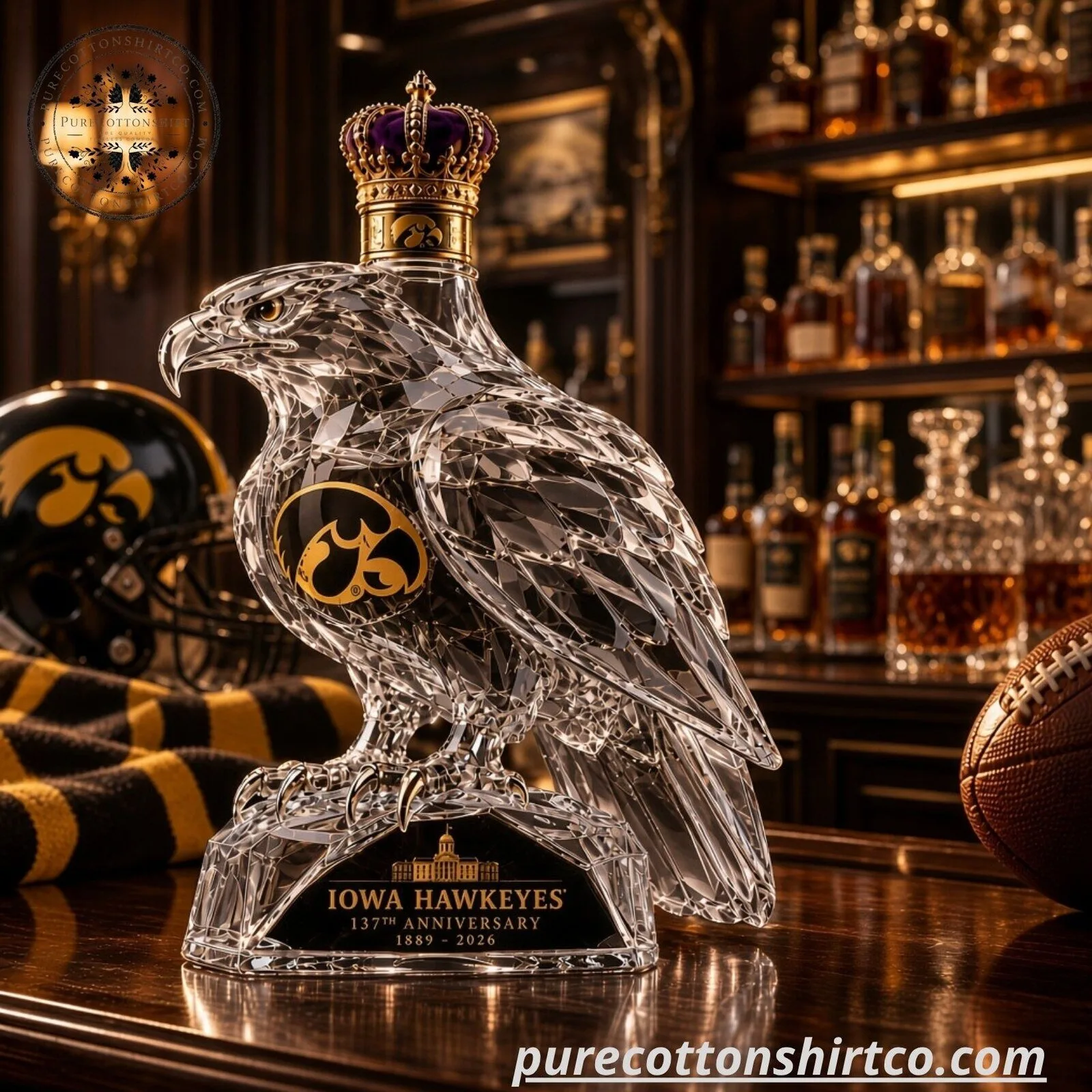 Iowa Hawkeyes Hawk Shaped Crystal Glass Whiskey Decanter - 1889-2026 Anniversary 7 Iowa Hawkeyes Hawk Shaped Crystal Glass Whiskey Decanter - 1889-2026 Anniversary