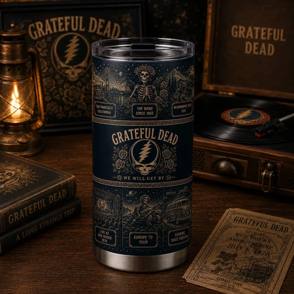 Grateful Dead Vintage Steal Your Face Skeleton Travel Tumbler